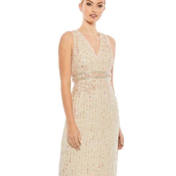 MAC DUGGAL 70267 SEQUINED SLEEVELESS V-NECK NUDE MIDI SHEATH DRESS sz 10 - Picture 1 of 5